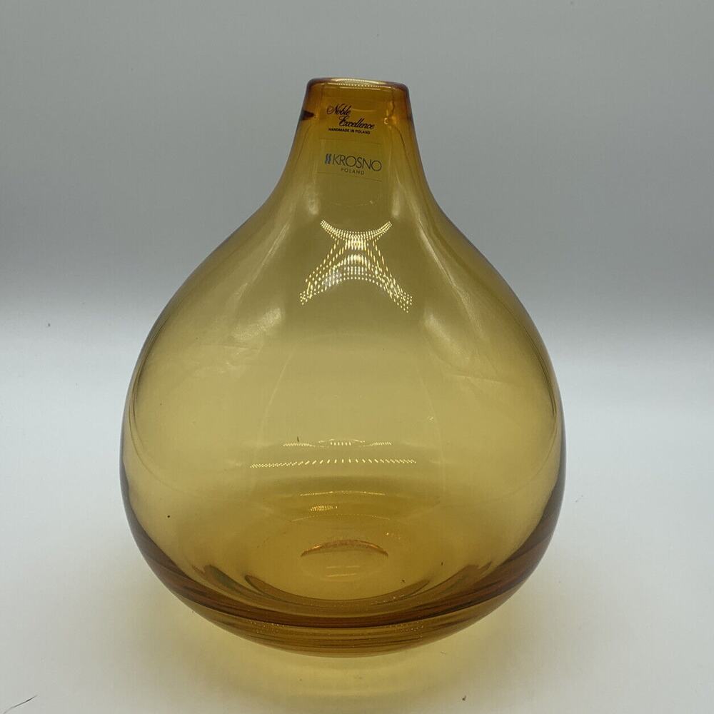 Krosno Poland Handmade Hand Blown Amber Vase Art Glass Vintage